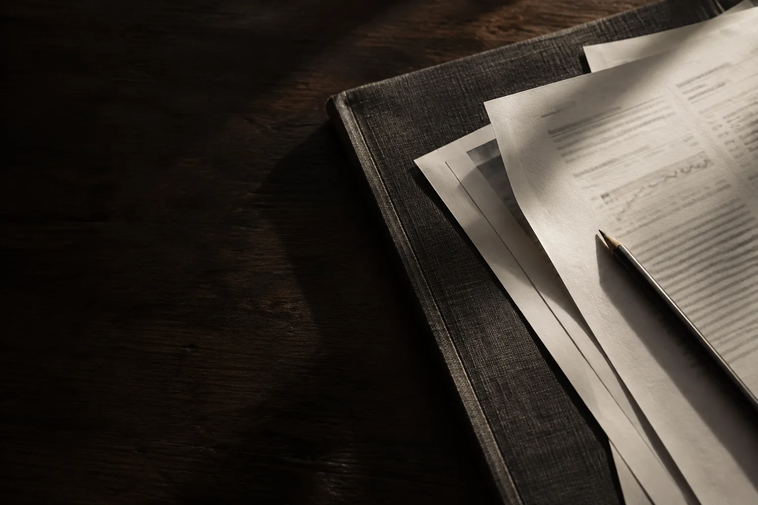 Investment research papers and a linen folio in a shaft of afternoon light